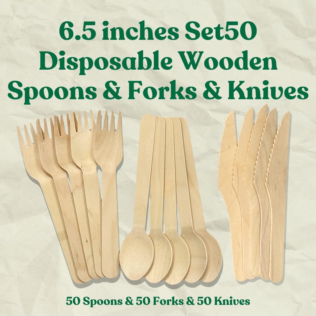 Disposable Wooden Cutlery Set – 150 Pcs (50 Spoons, 50 Forks, 50 Knives) – 6.5 inch Eco Flatware for Camping, BBQ, Parties &amp; Picnics | UNCLEJUM