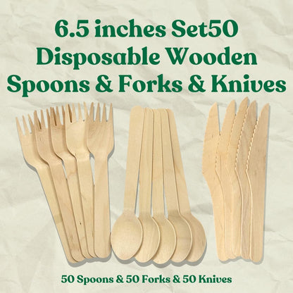 Disposable Wooden Cutlery Set – 150 Pcs (50 Spoons, 50 Forks, 50 Knives) – 6.5 inch Eco Flatware for Camping, BBQ, Parties &amp; Picnics | UNCLEJUM