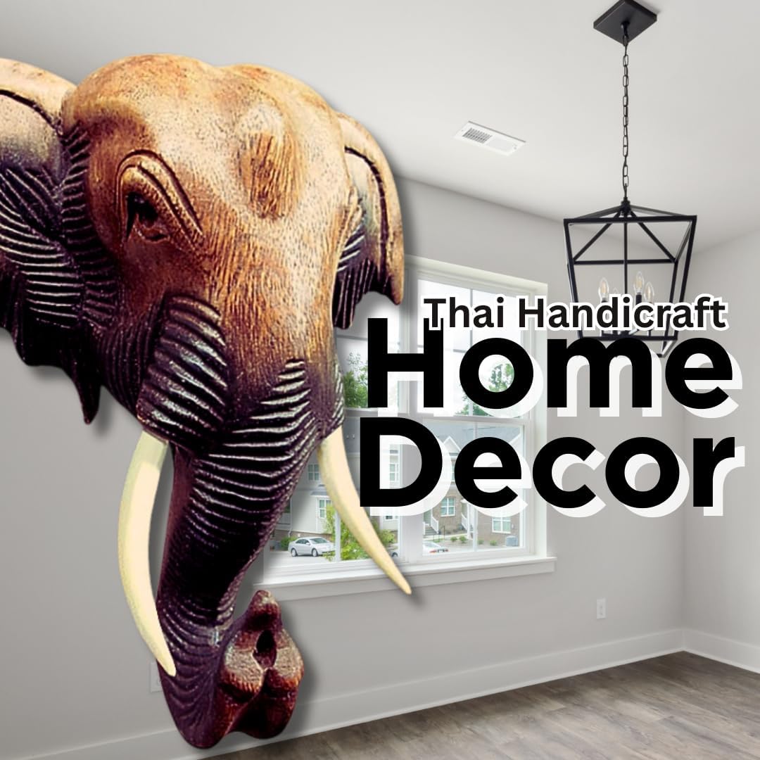 Hand Carved Thai Elephant Head Wall Decor – 8 Inch Wooden Sculpture | Thailand Handicraft | Wall Hanging Home Decor