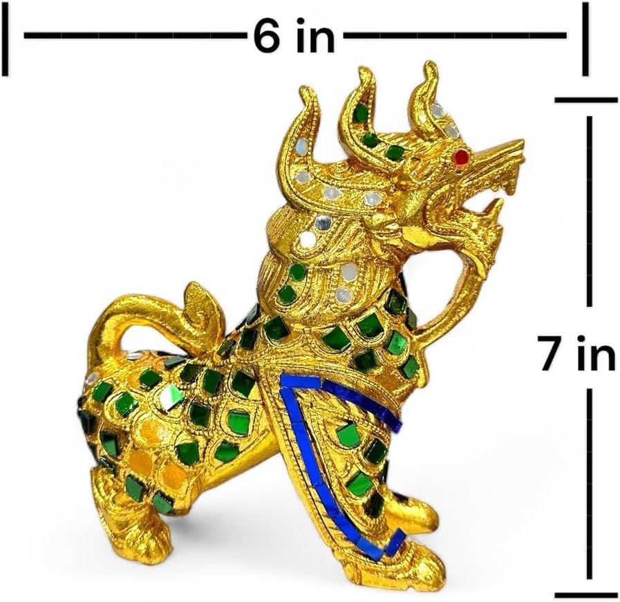 Singha Thai Great Lion Statues, Pair – Hand-Carved Wood, Gilt &amp; Jeweled Thai Guardian Foo Dog Sculptures, Home Decor