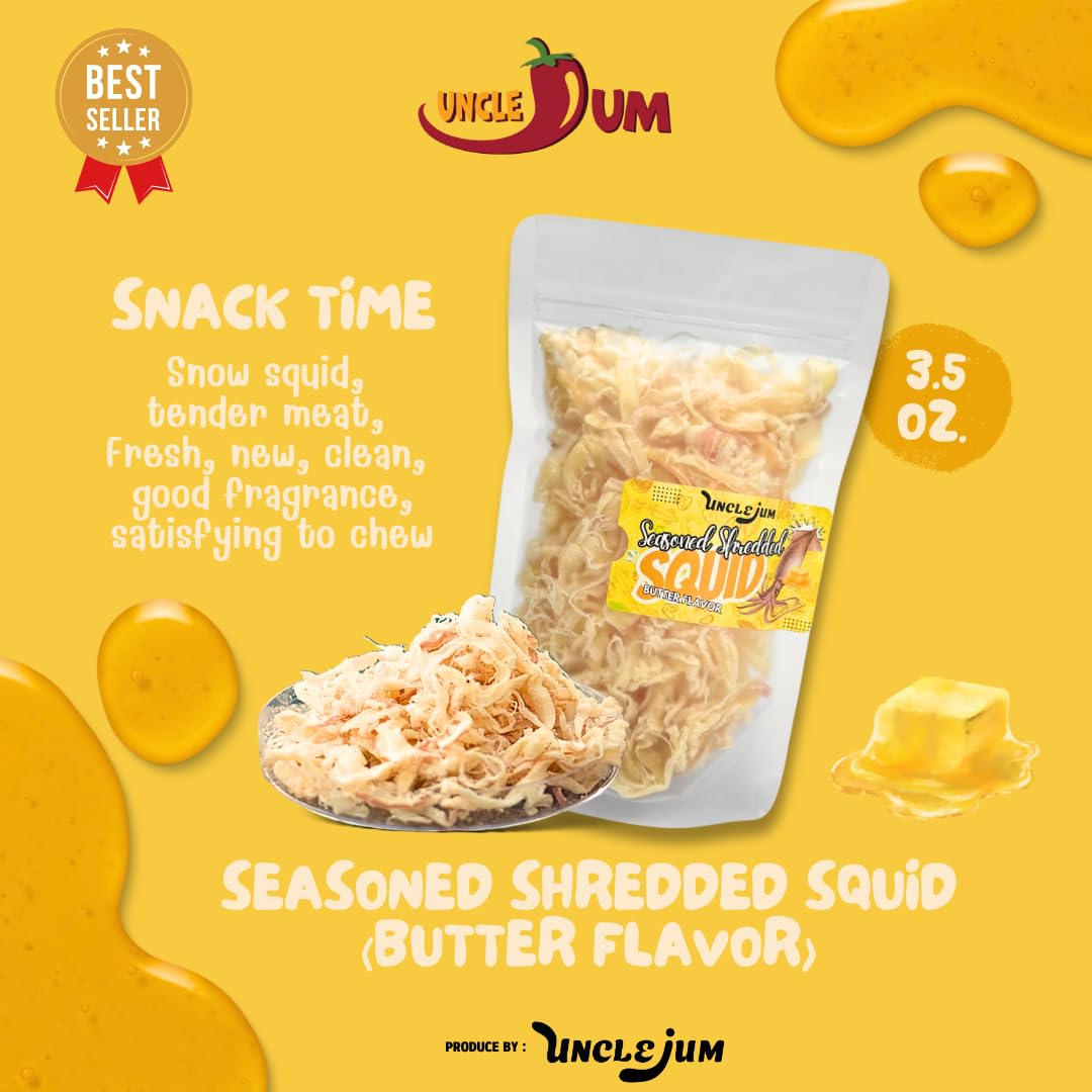 UNCLEJUM Dried Seasoned Shredded Squid (Butter Flavor) – 3.5 oz Snack