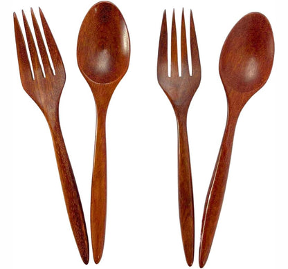 Set of 2 Pairs Wooden Dinner Spoons and Forks – 7 inch Redwood Utensil Set | Handmade Rustic Dining Cutlery for Salad, Pasta, and Everyday Meals