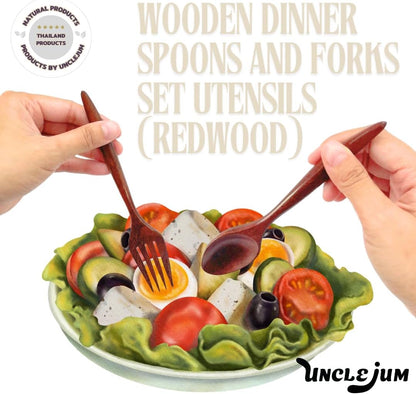 Set of 2 Pairs Wooden Dinner Spoons and Forks – 7 inch Redwood Utensil Set | Handmade Rustic Dining Cutlery for Salad, Pasta, and Everyday Meals
