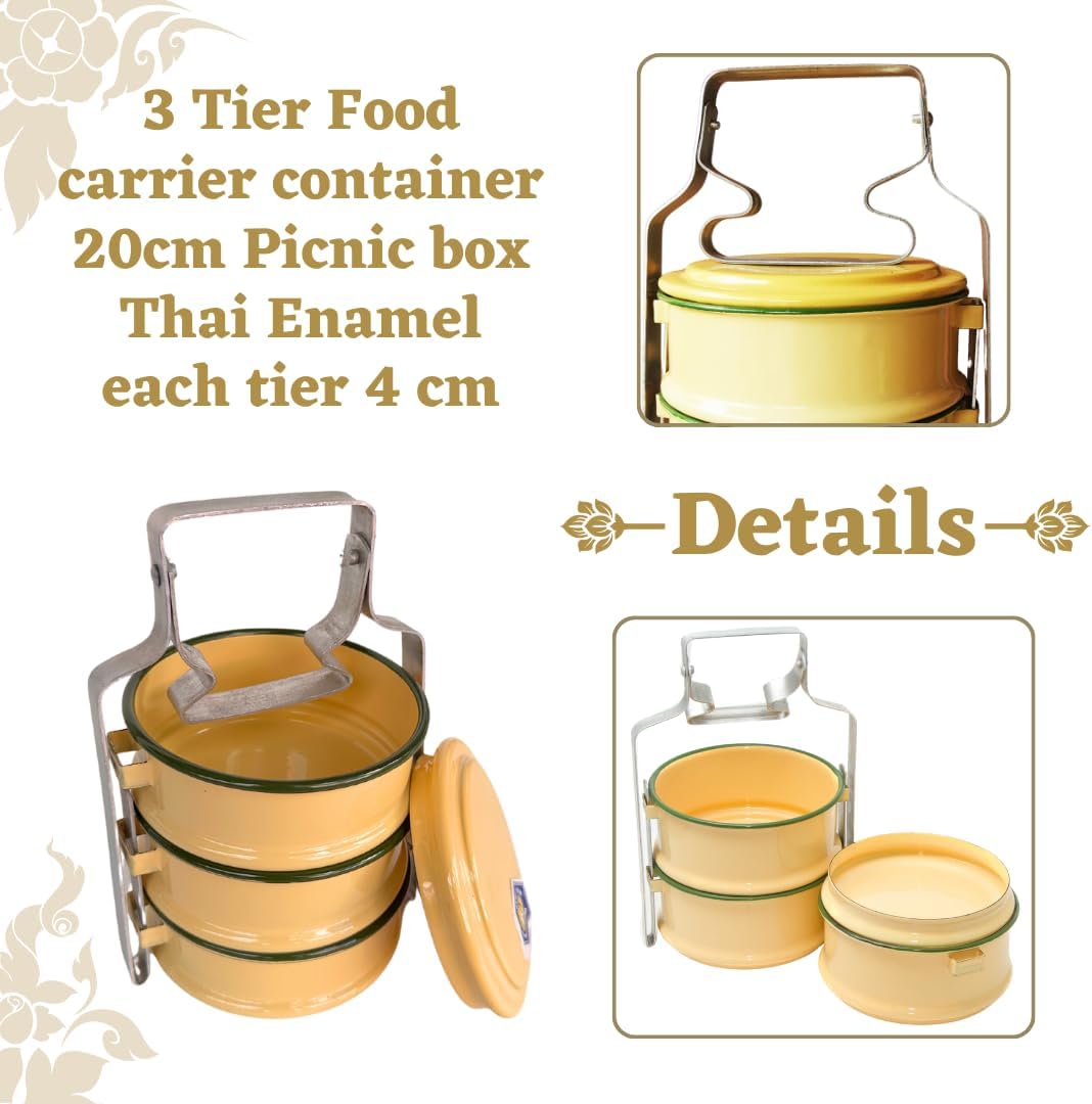 Thai Enamel Food Carrier – 3 Tier Tiffin Lunch Box (20cm)