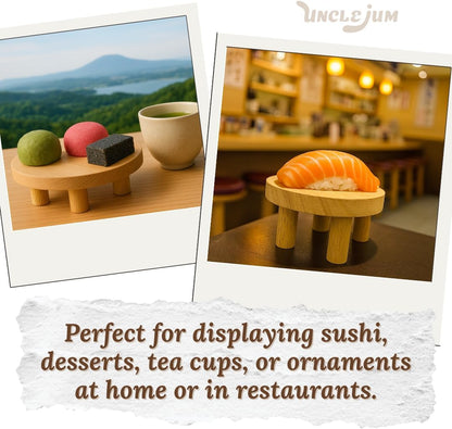 Sushi Serve Stand Plate Mini Wooden Display Set of 4 – Small Wood Shelf Tables, Pedestals for Art Toys, Collectibles &amp; Home Decoration