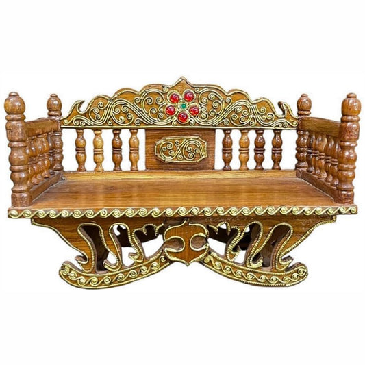 Handcrafted Thai Pattern Wood Carving Mini Shelf – Natural Wood Buddha Display (11.5")