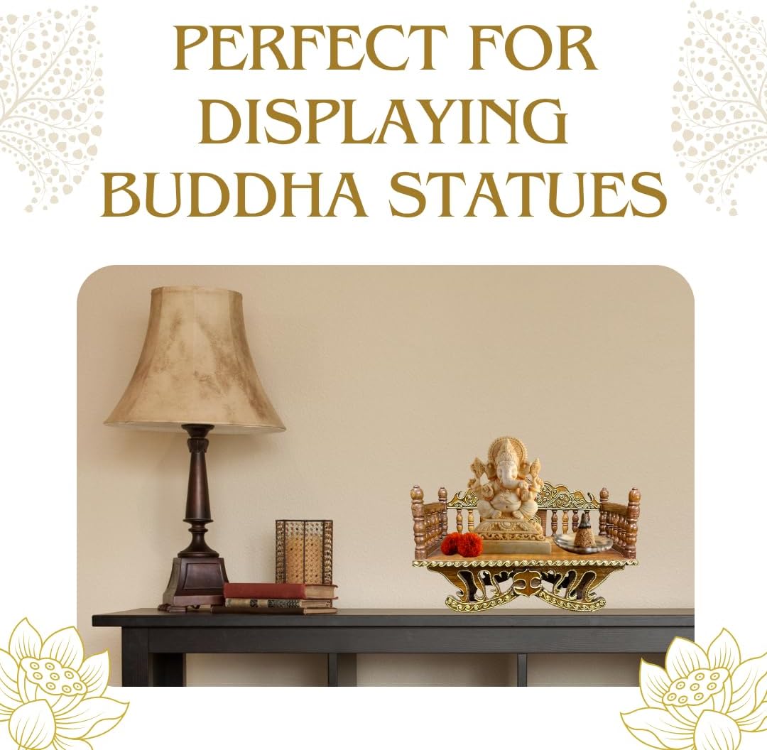 Handcrafted Thai Pattern Wood Carving Mini Shelf – Natural Wood Buddha Display (11.5")