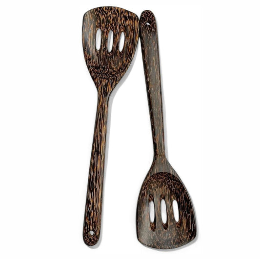 2 Pieces 13” Palm Wood Slotted Spoon Set – Handmade Wooden Cooking Utensils for Stirring, Salad Mixing, Frying &amp; Serving