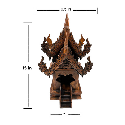 Large Wood Carved Thai Spirit House Model 15 Inches – Handmade Asian Inspired Home Decor | Traditional Thai Wooden Shrine Decorative Accent