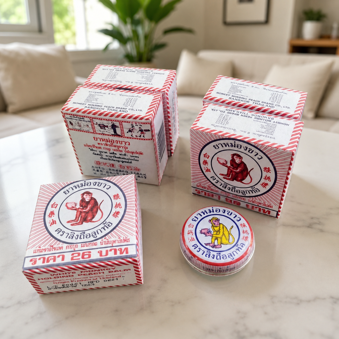 White Monkey Holding Peach Balm – Traditional Thai White Herbal Balm for Massage, Insect Bites, Nasal Comfort & Everyday Relief