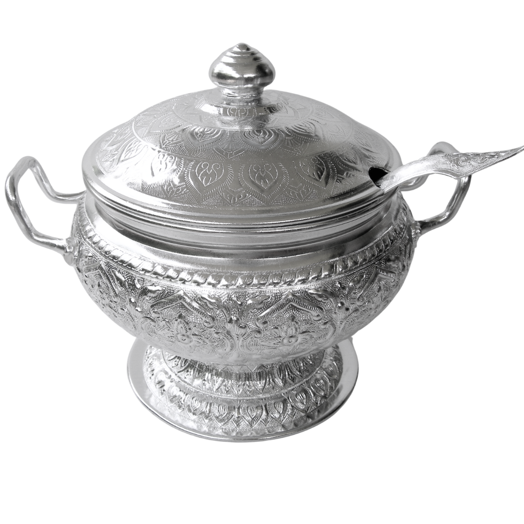 Traditional Thai Aluminum Rice Serving Pot with Ladle – Vintage Graphic Design Bowl