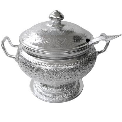 Traditional Thai Aluminum Rice Serving Pot with Ladle – Vintage Graphic Design Bowl