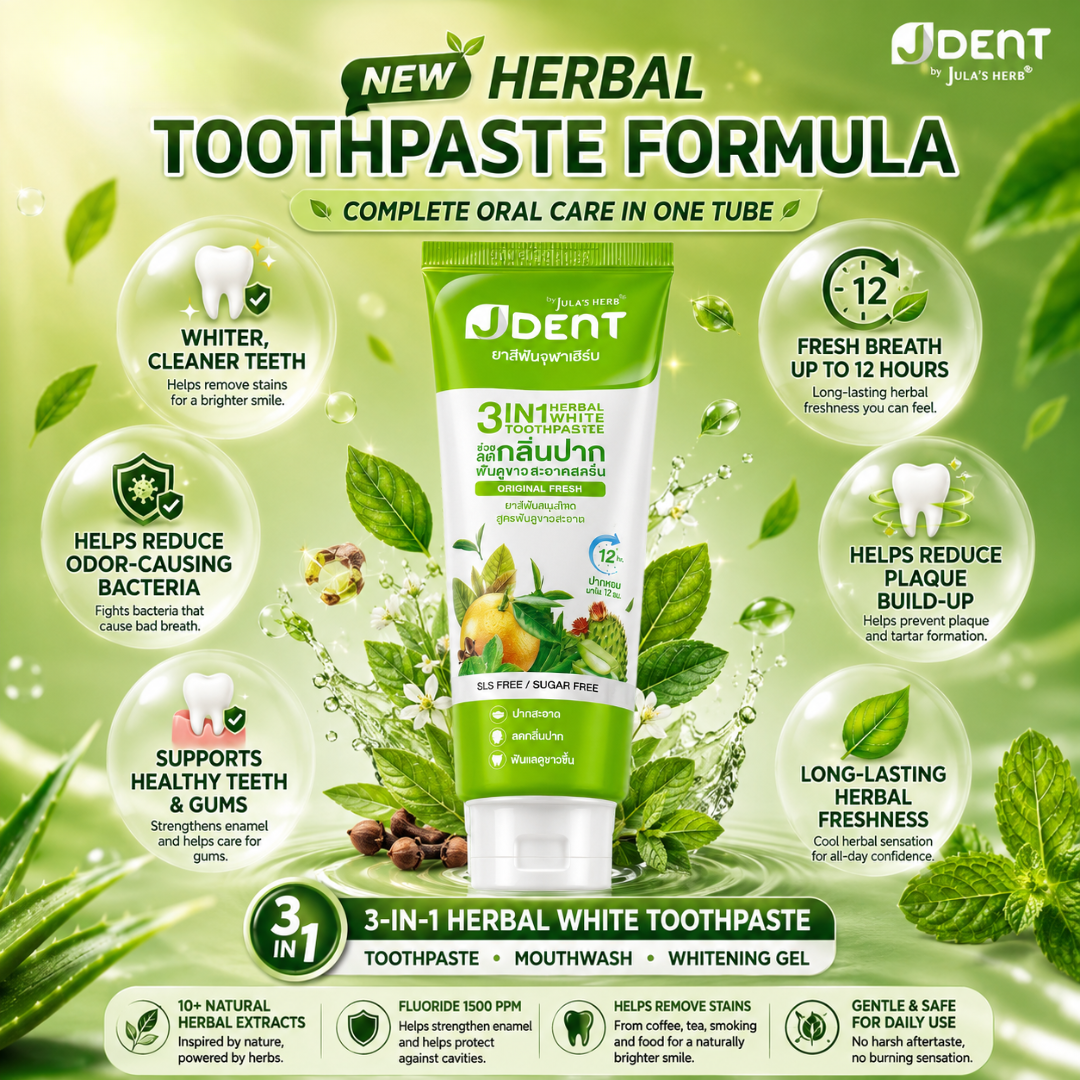 JULA'S HERB JDent 3-in-1 Herbal White Toothpaste 70g – Herbal Whitening Toothpaste, Mouthwash & Whitening Gel | Fresh Breath, Plaque Control & Complete Oral Care