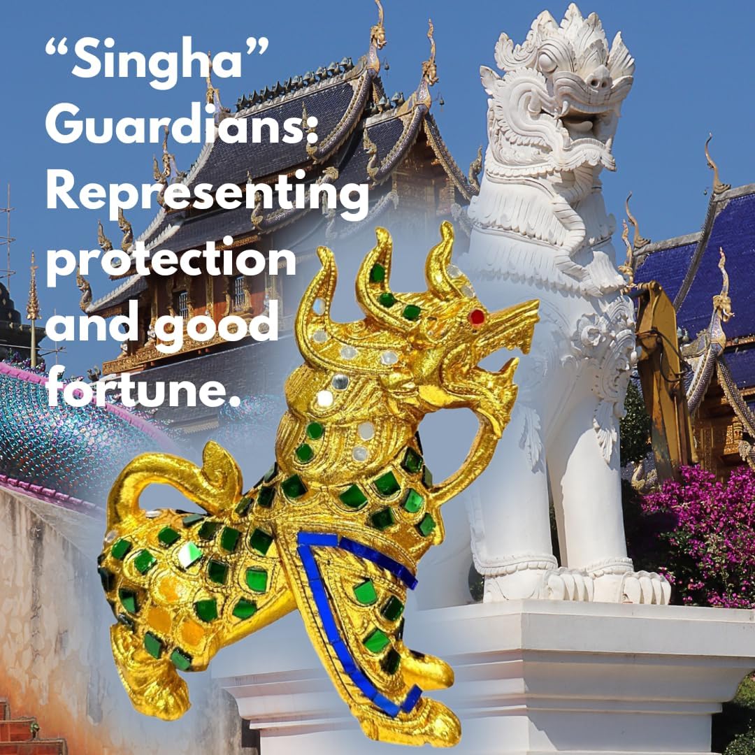 Singha Thai Great Lion Statues, Pair – Hand-Carved Wood, Gilt &amp; Jeweled Thai Guardian Foo Dog Sculptures, Home Decor