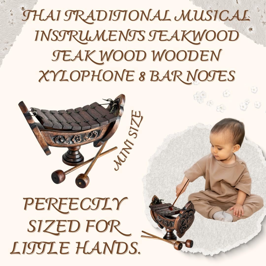 Thai Traditional Teakwood Xylophone – 8 Bar Notes, 16" Handmade Musical Instrument from Thailand