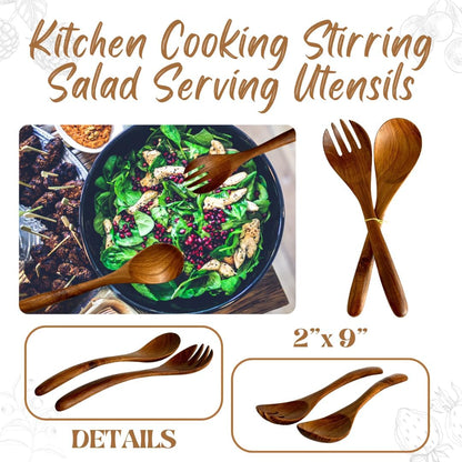 Set of 2 Wooden Spoon and Fork Pairs – 9” Natural Wood Cooking Utensils for Salad, Stirring, and Serving – Handmade Kitchen Tool Set