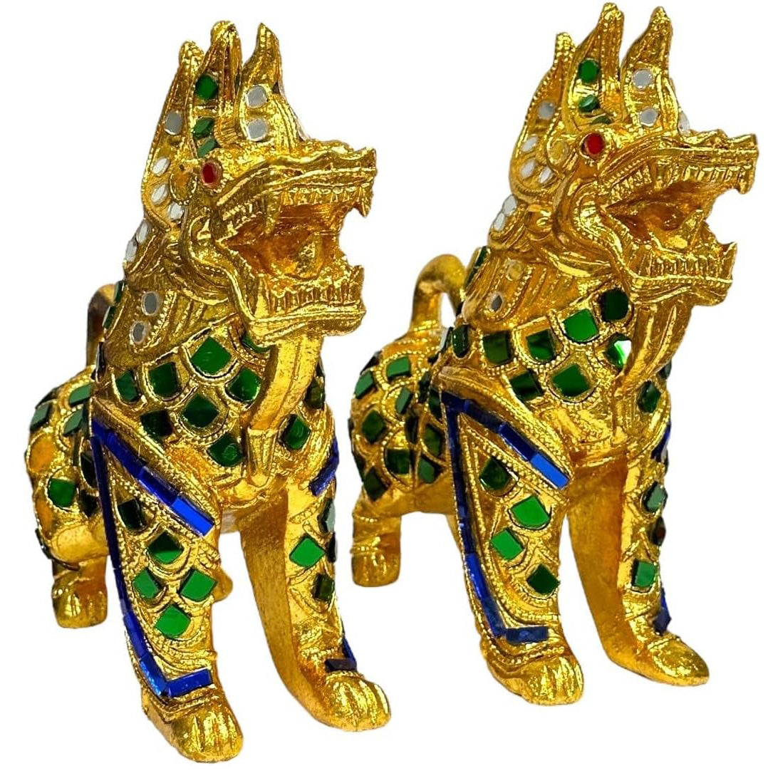 Singha Thai Great Lion Statues, Pair – Hand-Carved Wood, Gilt &amp; Jeweled Thai Guardian Foo Dog Sculptures, Home Decor