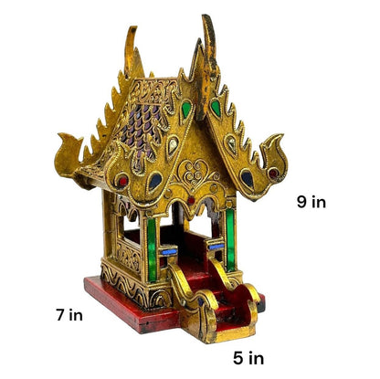 Thai Gilt Jeweled Spirit House Wood Carving – 9 inch Thai Home Decor Art by UNCLEJUM
