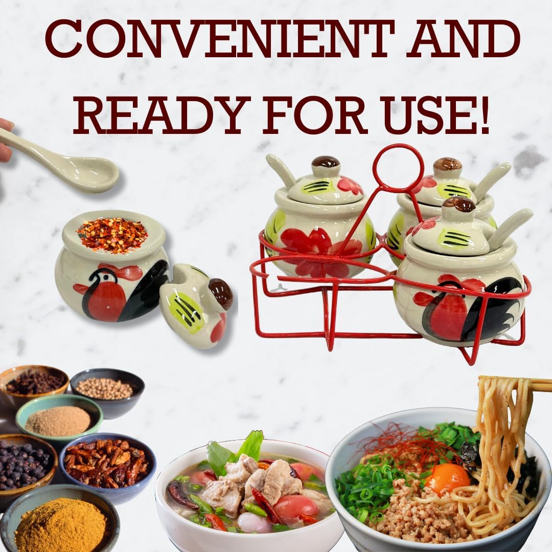 Thai Chicken Pattern Noodle Seasoning Mix Storage Rack – 4 Ceramic Pots Set