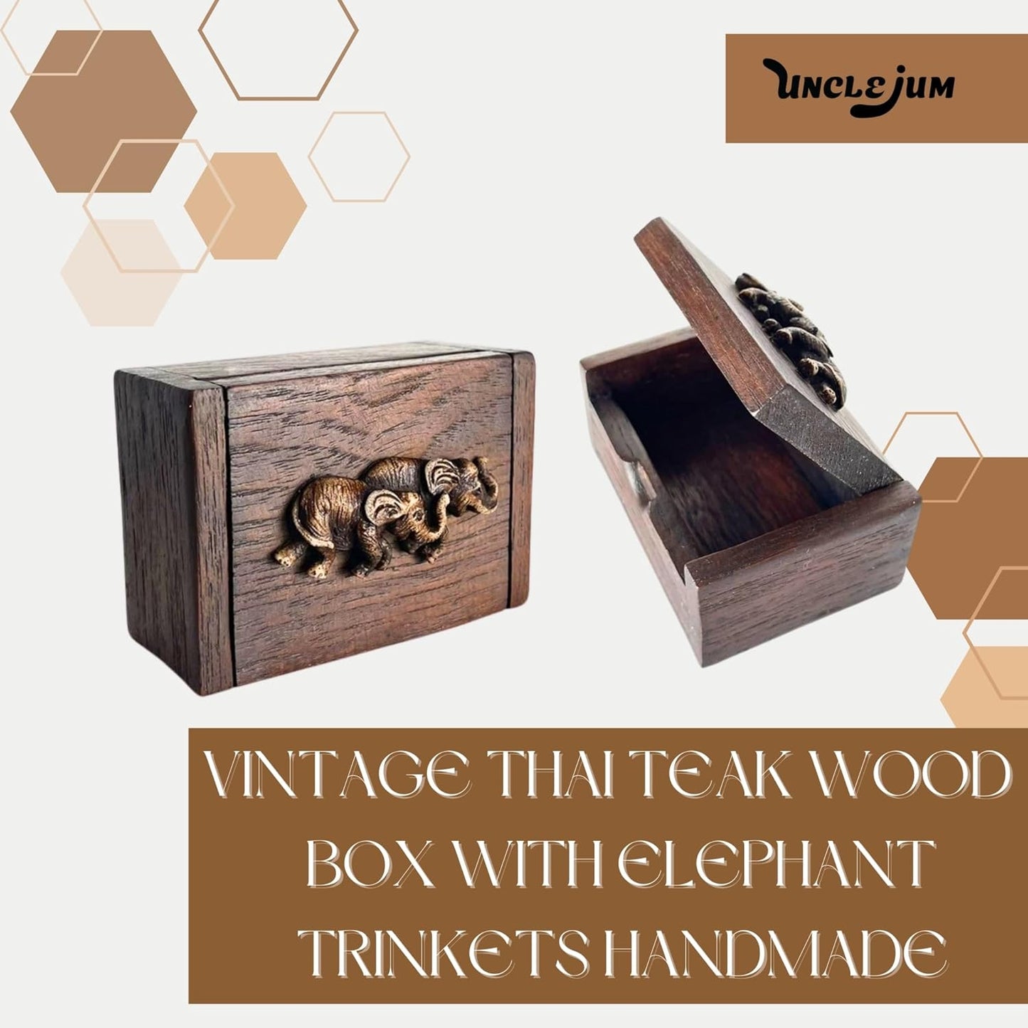 Vintage Thai Teak Wood Namcard Box – Handcrafted Elephant Carving (3.5")
