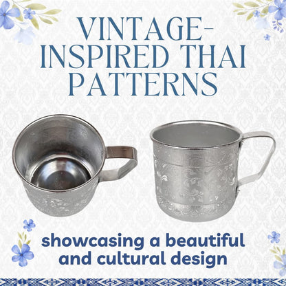 Set of Thai Traditional Aluminum Mugs – Vintage Metal Cups with Handle (3.1")