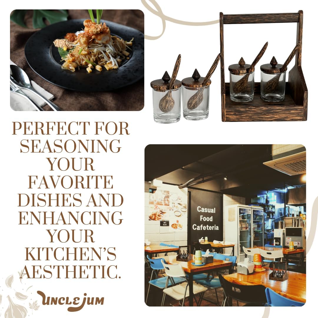 Asian Dinnerware Condiment Set – Palmwood Holder with 4 Jars & Spoons | Thai Kitchen Seasoning Organizer