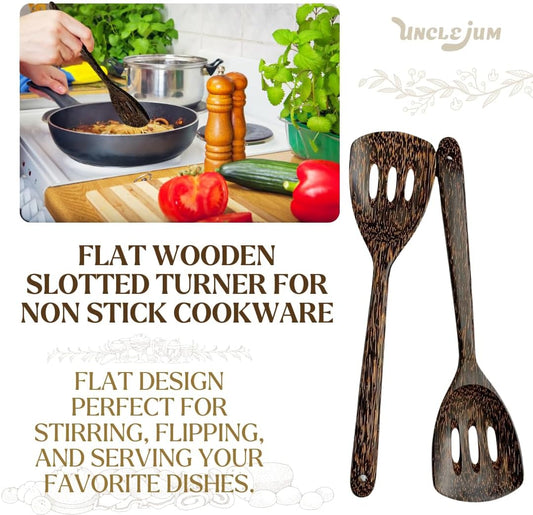 2 Pieces 13” Palm Wood Slotted Spoon Set – Handmade Wooden Cooking Utensils for Stirring, Salad Mixing, Frying &amp; Serving