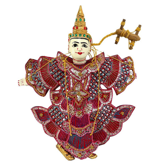 Vintage Thai Marionette Puppet – Handcrafted Wooden Head, Sequin and Bead Dress, Unique Asian Décor