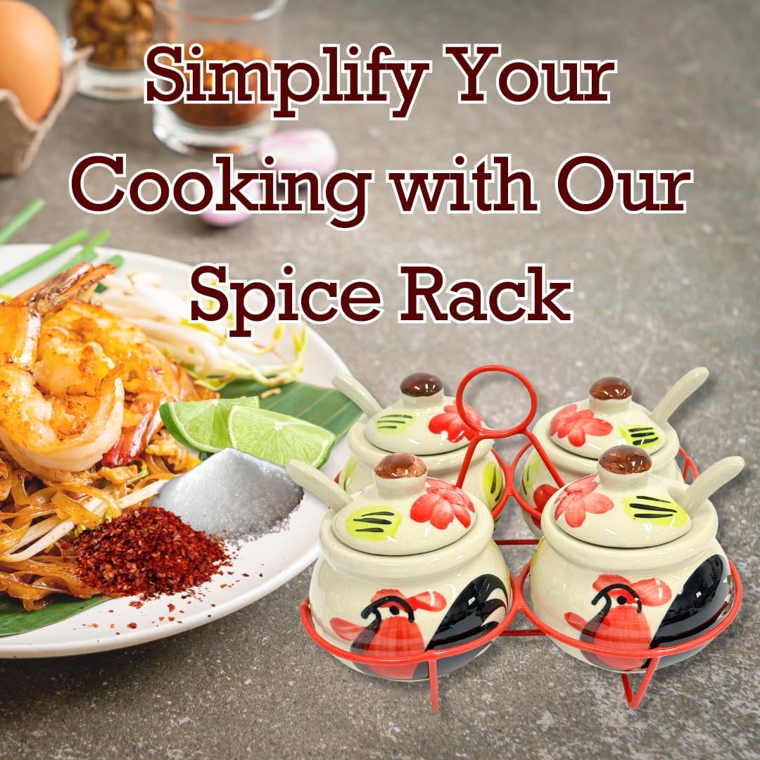 Thai Chicken Pattern Noodle Seasoning Mix Storage Rack – 4 Ceramic Pots Set