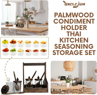 Asian Dinnerware Condiment Set – Palmwood Holder with 4 Jars & Spoons | Thai Kitchen Seasoning Organizer