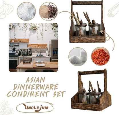 Asian Dinnerware Condiment Set – Palmwood Holder with 4 Jars & Spoons | Thai Kitchen Seasoning Organizer