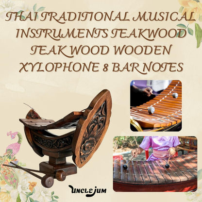 Thai Traditional Teakwood Xylophone – 8 Bar Notes, 16" Handmade Musical Instrument from Thailand