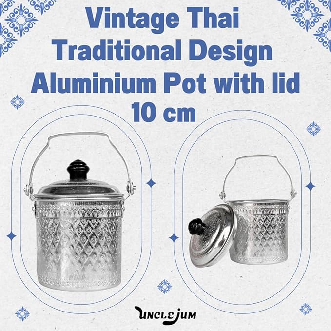 Vintage Thai Traditional Design Aluminum Silver Round Pot with Lid (10cm)