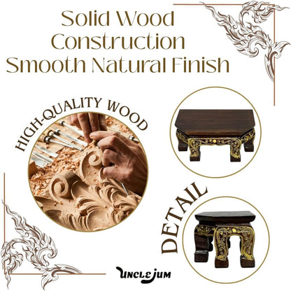 Thai Carved Wood Buddha Stand – 9" Handcrafted Mini Altar Hexagonal Table with Gold Thai Pattern – Small Wooden Pedestal for Buddha Statue, Meditation, or Home Shrine