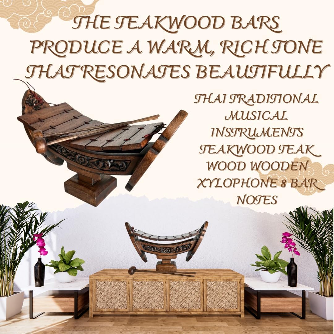 Thai Traditional Teakwood Xylophone – 8 Bar Notes, 16" Handmade Musical Instrument from Thailand