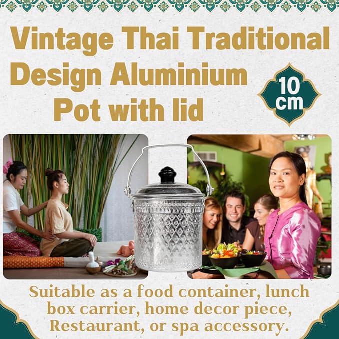 Vintage Thai Traditional Design Aluminum Silver Round Pot with Lid (10cm)