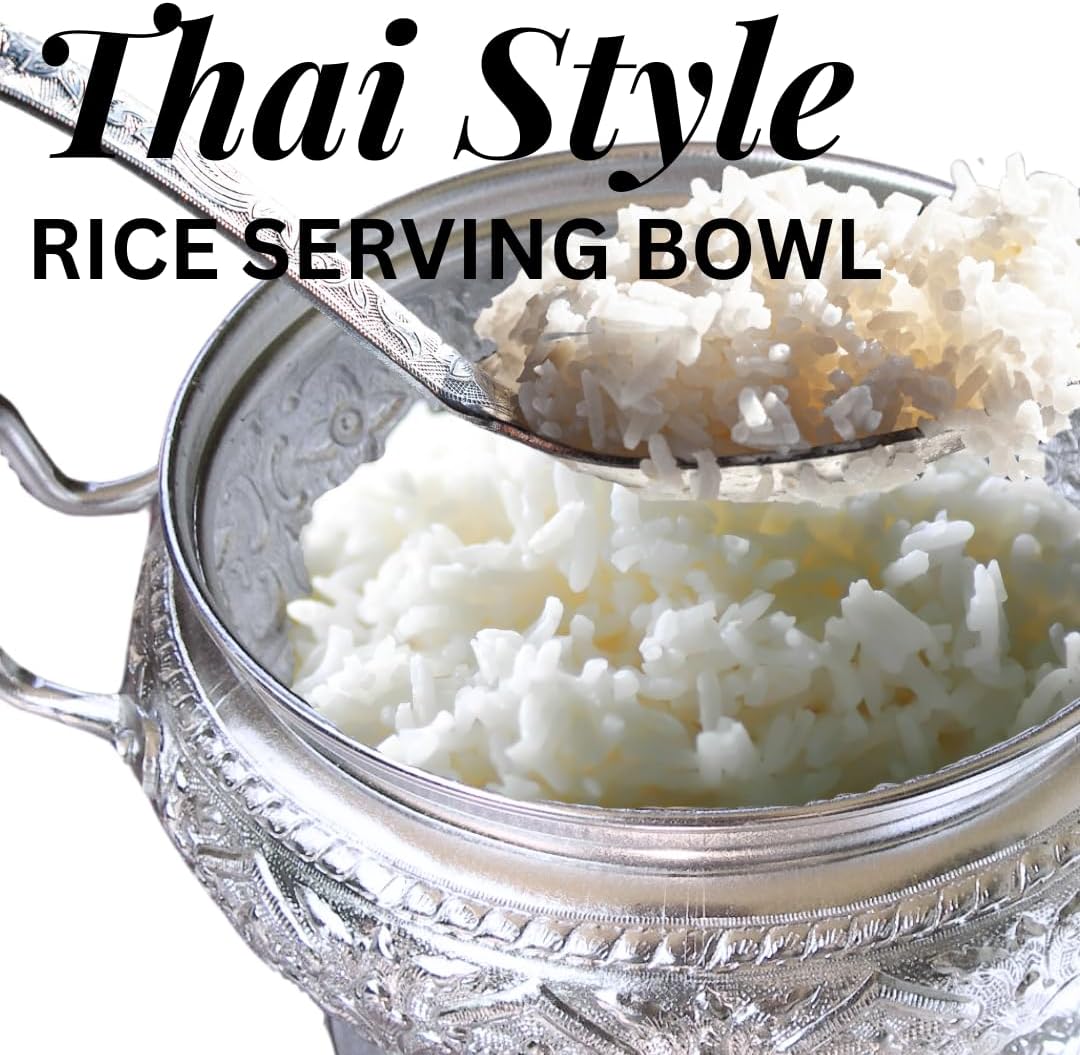 Traditional Thai Aluminum Rice Serving Pot with Ladle – Vintage Graphic Design Bowl