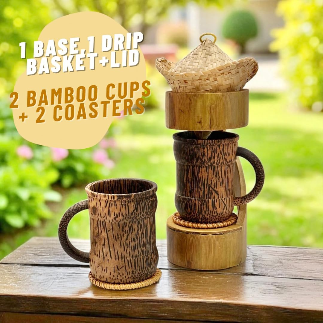 Bamboo Coffee Drip Set – 4" Basket with Lid + 2 Cups & Coasters + Drip Base | Eco-Friendly Pour-Over Coffee Kit, Sustainable Brewing Accessories