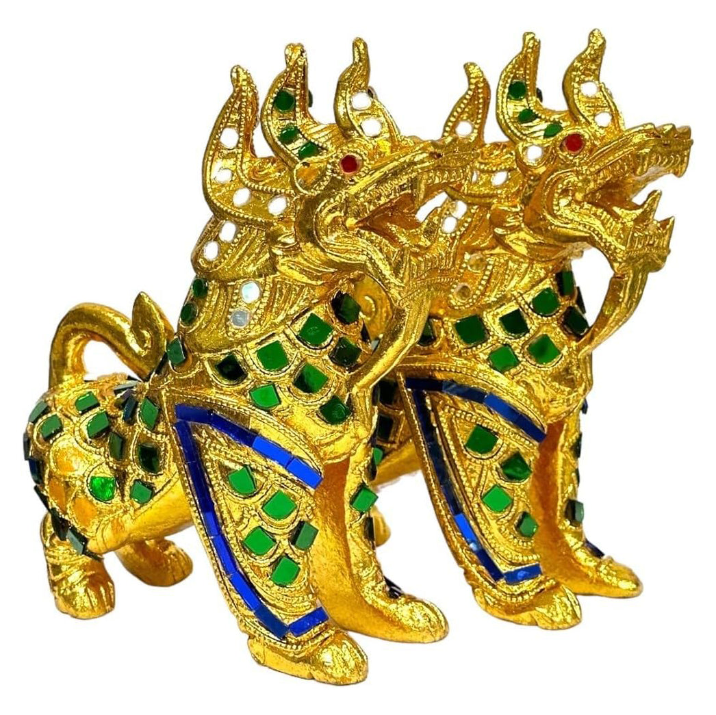 Singha Thai Great Lion Statues, Pair – Hand-Carved Wood, Gilt &amp; Jeweled Thai Guardian Foo Dog Sculptures, Home Decor