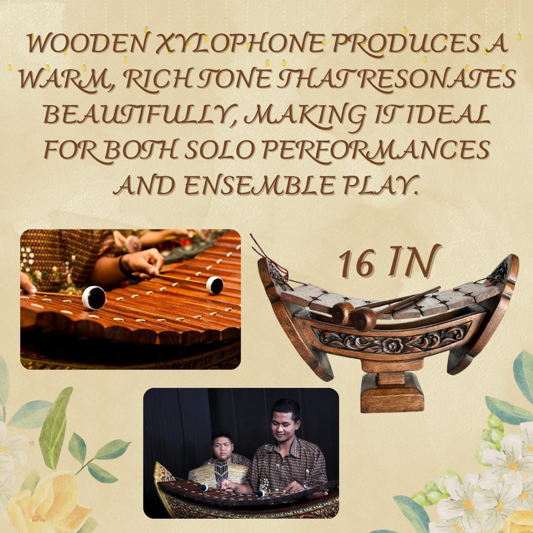 Thai Traditional Teakwood Xylophone – 8 Bar Notes, 16" Handmade Musical Instrument from Thailand