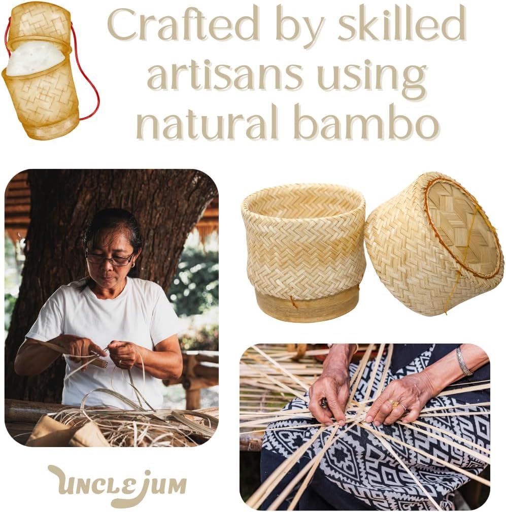 Handmade Woven Bamboo Rice Containers – 6 inch Thai Sticky Rice Serving Baskets