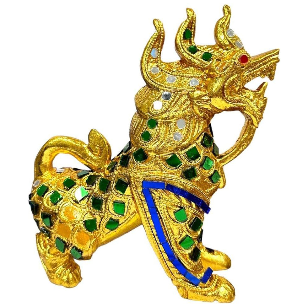 Singha Thai Great Lion Statues, Pair – Hand-Carved Wood, Gilt &amp; Jeweled Thai Guardian Foo Dog Sculptures, Home Decor