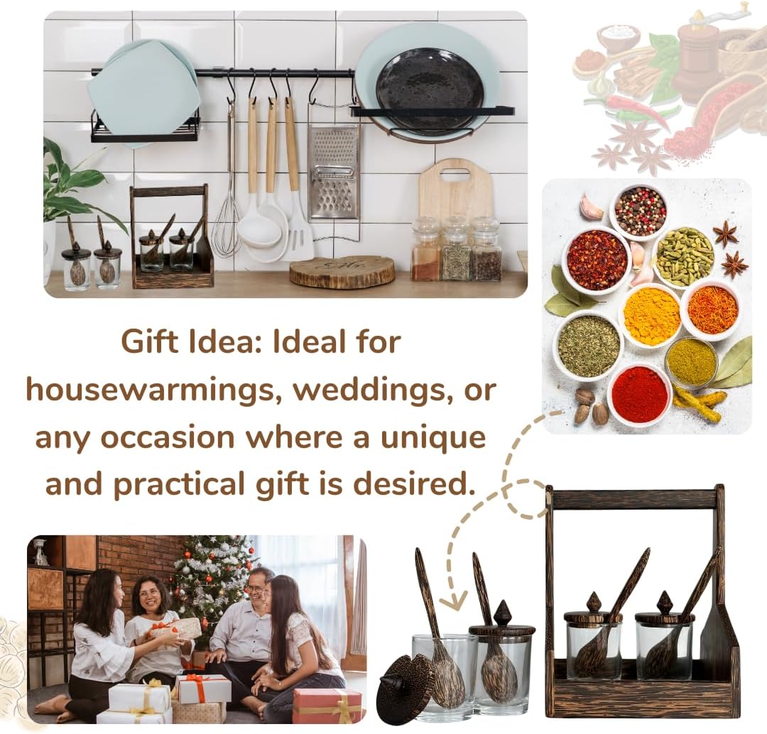 Asian Dinnerware Condiment Set – Palmwood Holder with 4 Jars & Spoons | Thai Kitchen Seasoning Organizer