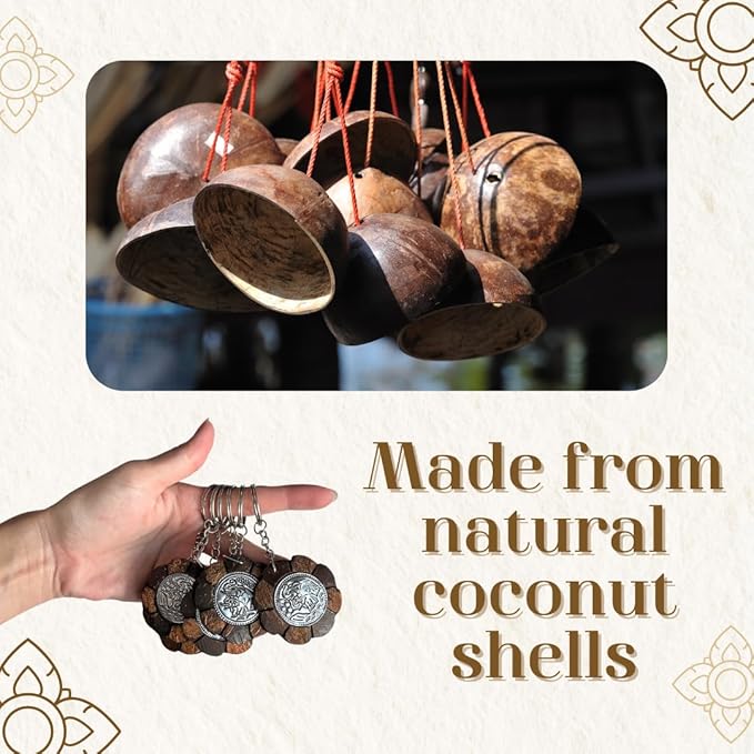 Elephant Keychains Set of 10 – Coconut Shell Wood Carving | Handcrafted Hammered Metal Plate