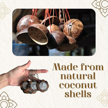 Elephant Keychains Set of 10 – Coconut Shell Wood Carving | Handcrafted Hammered Metal Plate