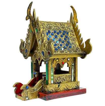 Thai Gilt Jeweled Spirit House Wood Carving – 9 inch Thai Home Decor Art by UNCLEJUM