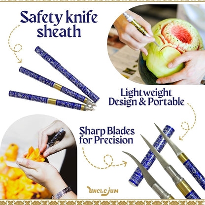 Set of 3 Thai Fruit & Soap Carving Knives – Handmade Stainless Steel Blades with Traditional Thai Pattern Handles | Professional Sculpting Tools for Fruit, Vegetable & Soap Art