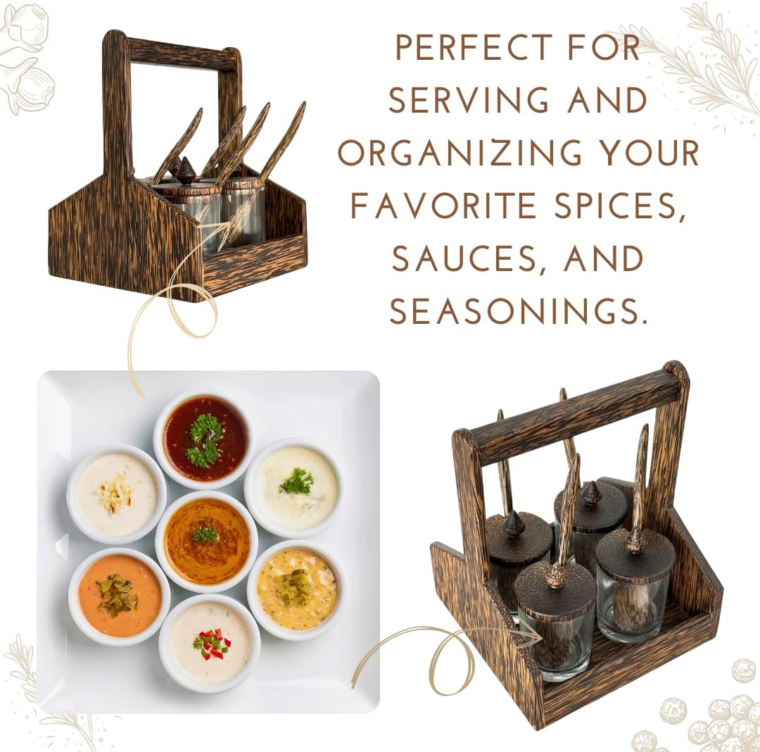 Asian Dinnerware Condiment Set – Palmwood Holder with 4 Jars & Spoons | Thai Kitchen Seasoning Organizer
