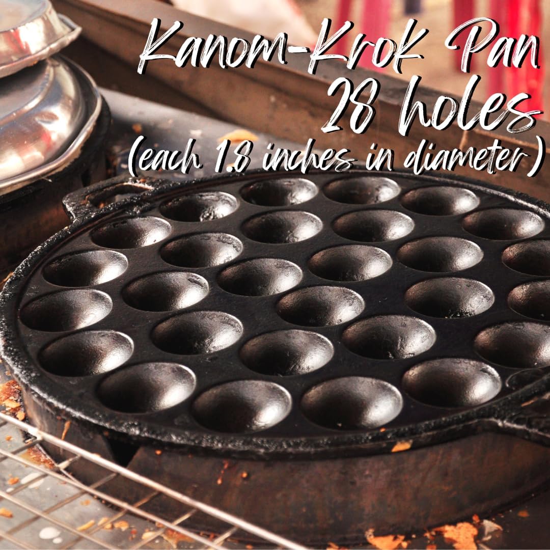 Kanom Krok Thai Coconut Pancake Pan / Takoyaki Maker – 28-Hole Cast Iron Pan (13")