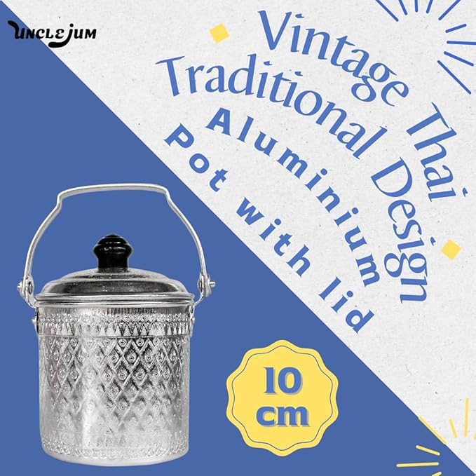 Vintage Thai Traditional Design Aluminum Silver Round Pot with Lid (10cm)